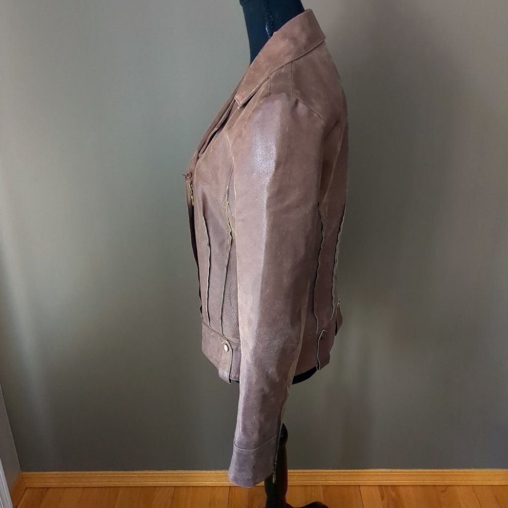 Rudsak 100% Nubuck Leather Biker Moto Jacket Braided Detail Chestnut Brown - Picture 4 of 16